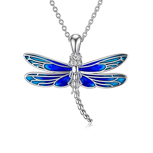 PELOVNY Christmas Gifts Blue Dragonfly Necklace for Women S925 Sterling Silver Dragonfly Pendant for Dragonfly Gifts for Lover Chain 18’’+2’’
