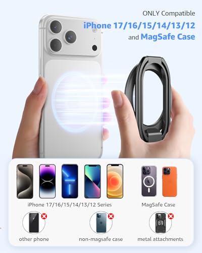Image of [2025 Upgraded] Mag Safe Phone Ring Holder, SUPERONE Adjustable Magnetic Kickstand & Removable Phone Grip Compatible with Wireless Charging Only for iPhone 17 &16 & 15 & 14 & 13 & 12 Series - Black