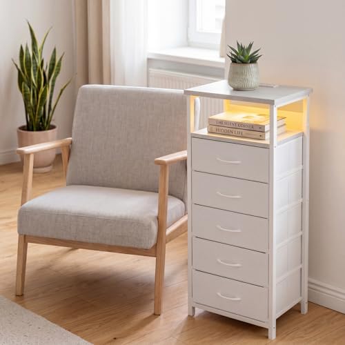 Image of Fixwal Tall Nightstand with Charging Station and LED Lights, Night Stand with PU Finish Fabric Storage Drawers, 5 Drawer Dresser, White