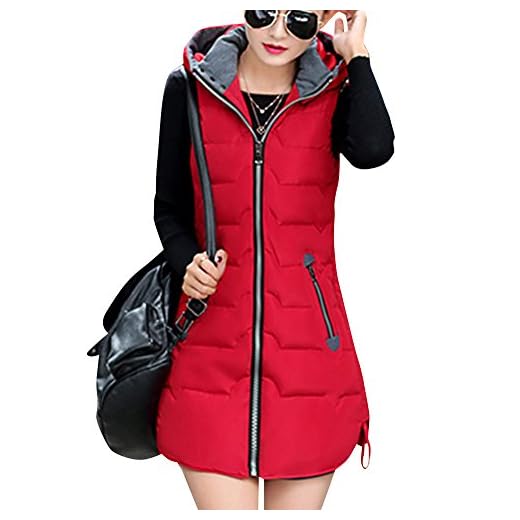 Qitun Mujer Chaleco Sin Mangas Abrigos con Capucha Pluma Acolchado de Invierno Rojo XL