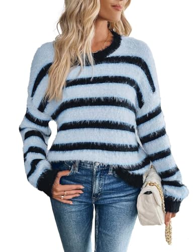 Womens Cute Striped Color Block Long Sleeve Pullover Sweater Casual Crewneck Fluffy Fleece Sweater Spring 2025