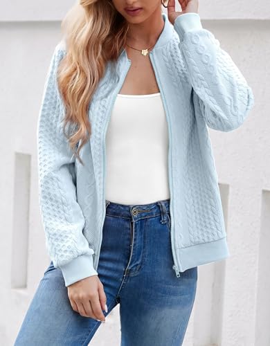 Image of WROLEM Women's Zip Up Cardigan Sweater Cable Hoodies Long Sleeve Jacket Outfits Crewneck Casual Coat