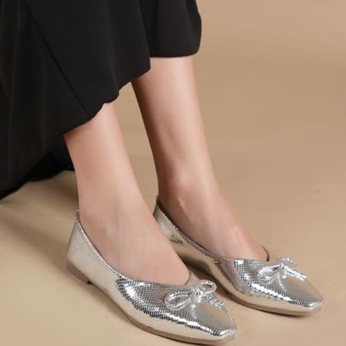 Image of Women's Gold Ballet Flats | Pointed Toe Metallic Dress Shoes with Bow Detail | Comfortable Slip On Flat Shoes for Wedding, Party, Office & Formal Events