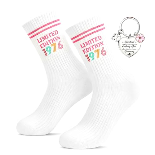 TUZELIYA 2026 Original Geschenk 50. Geburtstag für Frauen LIMITED EDITION 1976 Baumwoll-Socken mit Schlüsselanhänger Lustige Geschenke für Freundin oder beste Freundin Schwester Mama Oma