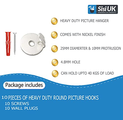 Round Picture Hooks Strong Silver Round Hooks Picture Hanger for Picture Mirror Painting Frame Wall Hanging with Screw and Raw Plugs Nickel Finish 40kg - Image 3
