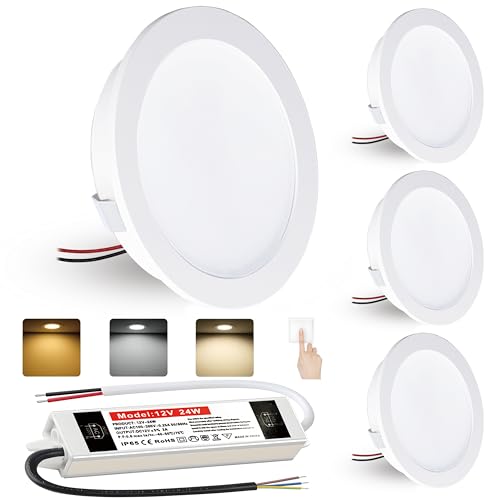 LED Einbaustrahler 4W Warmweiß Neutralweiß Kaltweiß Led Spot 12V Dimmbar einbaustrahler LED Lochmaß 60mm und 12mm Flach IP44 Deckenspot Einbauspots für Wohnwagen Küche mit 230V trafo 4er set (Weiß)