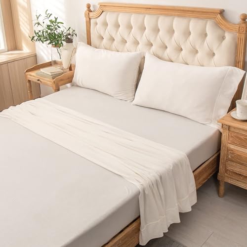 PURE ERA Jersey Knit 3pcs Bed Sheet Set 100% T-Shirt Cotton Super Soft Comfy Breathable Fits Mattress Up to 20" Extra Deep Pocket (Solid Off White,Twin XL)