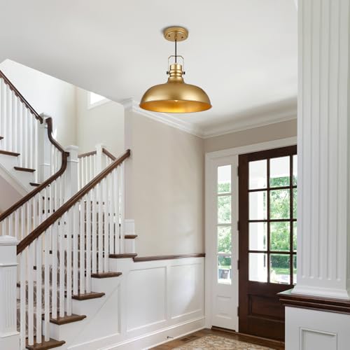 Image of Gold Farmhouse Pendant Lights for Kitchen Island 16 Inch | ETL Certificate,Industrial Adjustable Height Vintage Dome Hanging Light Fixtures for Barn, Dining Room 2 Pack