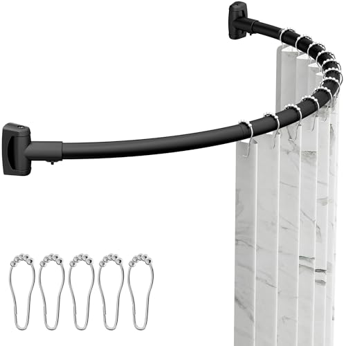 ENJOYBASICS Curved Shower Curtain Rod with Shower Rings Adjustable Round Bathroom Rod for Extra Space Rustproof Need to Drill Matte Black 35-77 Inches