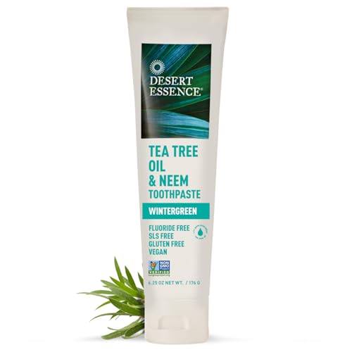 Desert Essence Tea Tree Oil & Neem Toothpaste - Fluoride-Free, Gluten-Free, SLS Free Formula - Vegan, Herbal Toothpaste for Plaque Reduction - Wintergreen Flavor, 6.25 oz