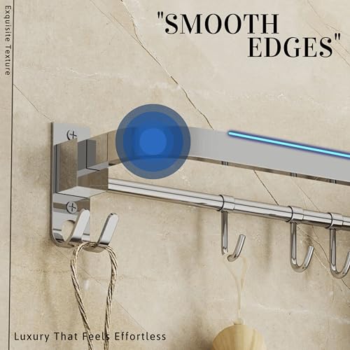 Image of GLOXY Premium Towel Hanger for Bathroom Combo Pack of 2-24 Inch Chrome Finish Stainless Steel Towel Holder in Bathroom - Wall Mount Towel Rod for Bathroom with Hooks to Keep Towels Well Organised