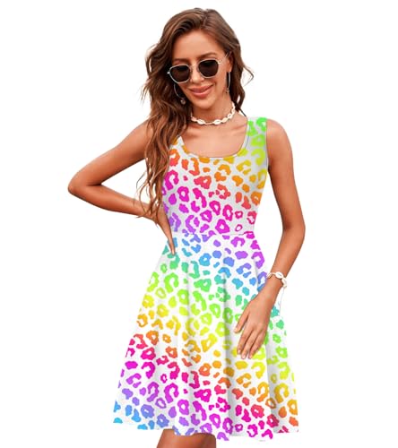 Image of uideazone Women Funny Print Sleeveless U Neck A Line Casual Midi Dress | Soft Stretchy Breathable Fabric Flared Swing Sundress Fitted Waist for Daily Wear 80 /90s Themed Party Beach Vacation Trips