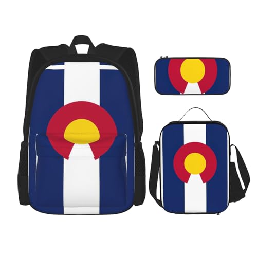 Colorado State Flag Print 3 Piece Backpack Set, Laptop Daypack, Lightweight Bookbag Set With Lunch Bag Pencil Case