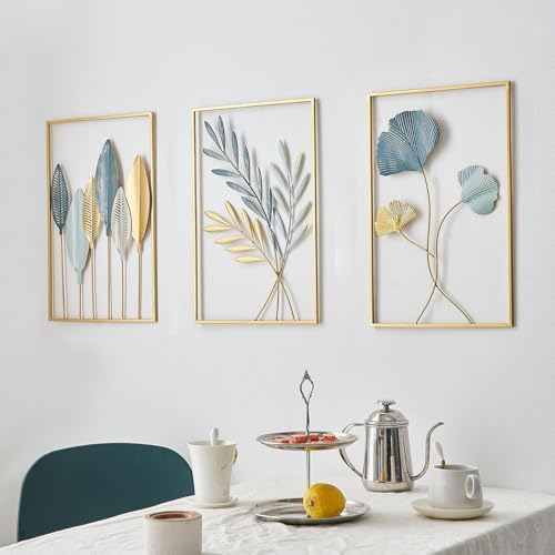 JEXKEY Gold Leaf Wall Decor Modern Wall Art Home Decor, Set of 3 ...