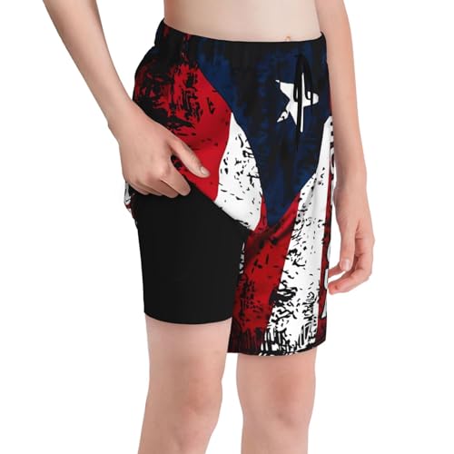 Puerto Rico American Flag Boys Swim Trunks with Compression Liner Big Kids Bathing Suit Teen Quick Dry Board Shorts Youth Swimming Shorts Beach Swimwear X-Large Orange4
