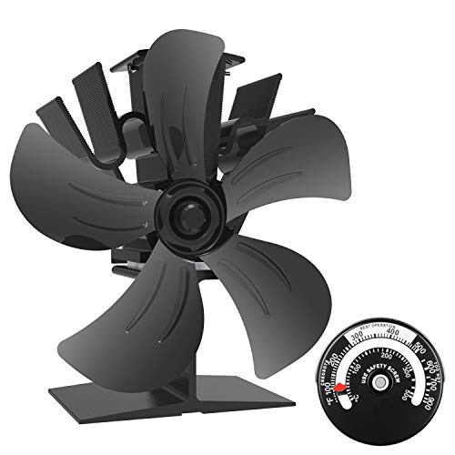 X-cosrack Heat Powered Stove Fan for Wood Log Burner Fireplace, 5 Blades Silent Eco-Friendly Fan with Magnetic Thermometer Aluminium Black
