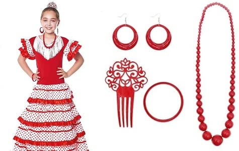 Vestido Sevillanas Niña con Accesorio Peineta Collar Pulsera Pendientes, Vestido Flamenco Español Tradicional para Niña, Traje Flamenca Feria Abril Sevilla Actuaciones Baile (4 años, Rojo Blanco)
