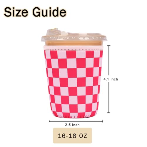 Image of Reusable Insulated Sleeve for Iced Coffee Cup, Coffee Neoprene Sleeve for Cold & Hot Drinks, Beverage Holder for Iced Coffee (Pink Grid, Small: 16-18oz)