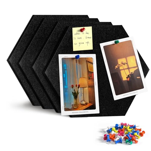 Uoisaiko 12' Large Bulletin Board with 15 Push Pins, Pack of 4 Hexagon Felt Pin Board Notice Boards for Home Office, Felt Wall Tiles for Photos Memos (Black)