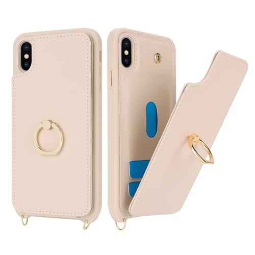 Image of for iPhone Xs Max Phone Case with Card Holder and Strap for Women,Crossbody Lanyard,Kickstand Ring Stand,Snap Clasp,Phone Wallet Cases 6.5 inch(Beige)