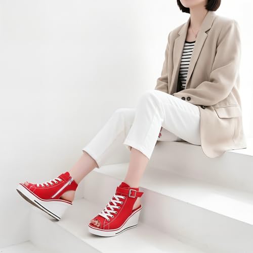 Image of OCHENTA Women's Peep Toe Wedge Sneakers Canvas Platform Shoes Side Zipper Lace up Buckle Fashion Sneakers Walking Shoes