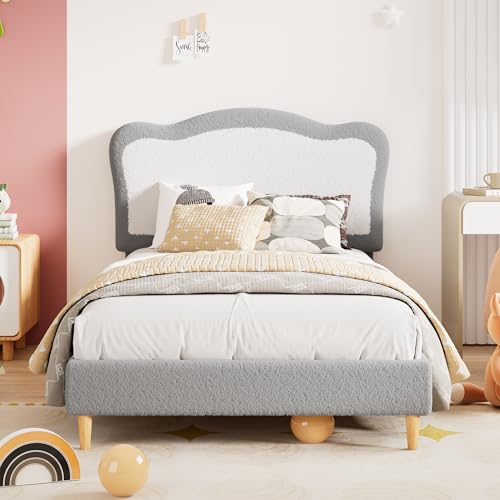 GarveeHome Full Size Bed Frame for Kids, Bed frames with two-tone scalloped headboard, Velvet Twin Bed for Girls, Boys, No Box Spring Needed, Wooden Slats, Noise Free, Sturdy Platform Bed (Grey White)
