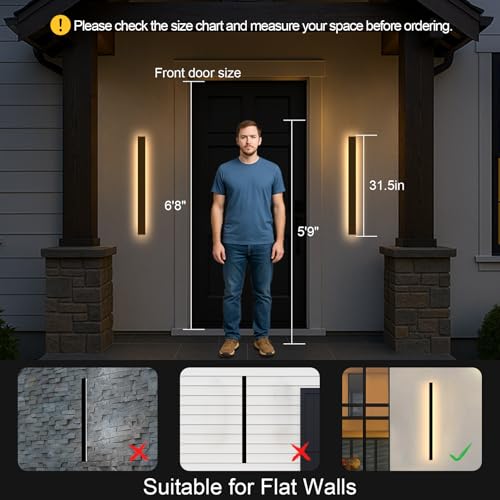 Image of Porch Wall Lights - 2pack 31.5inch Long Strip Modern Outdoor Wall Light Fixture, Black Wall Mount Exterior Lighting Wall Sconce Outside Garage Lights for House, Courtyard, Corridor