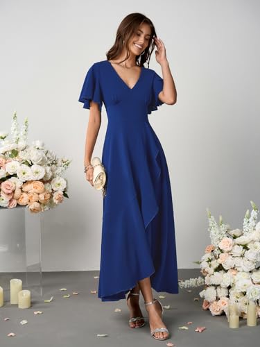 Image of SCOMCHIC Women Wedding Guest Dresses Formal Evening Party Cocktail Short Sleeve V Neck Ruffle Split Flowy Maxi Dress
