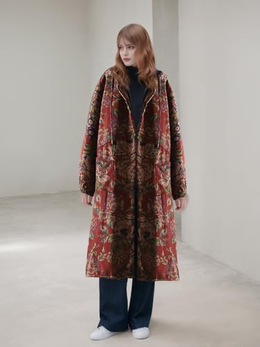 Akivide Womens Floral Print Drawstring Hooded Button Down Long Trench Jacket Oversize Vintage Warm Casual Coats with Pockets2