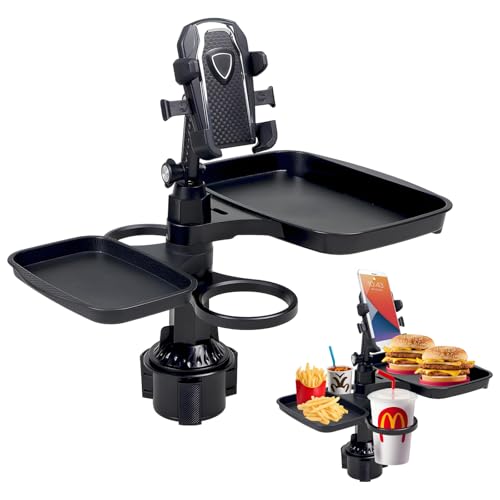DBAILY Porte-gobelet de voiture 5 en 1 réglable avec support de téléphone portable, plateau alimentaire rotatif pour tous les usages, double porte-gobelet...