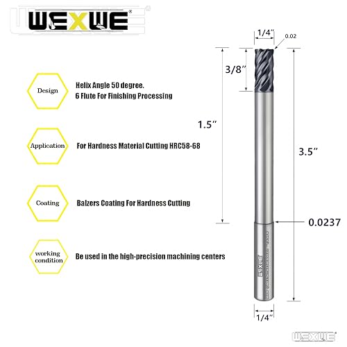 Image of Tools Carbide End Mills,6 Flute Square Milling Cutter,High Helix Angle for High Hardness Steel Finshing Milling Processing - 1 /4 Shank (1 /4-3.5 inch 1PCS)