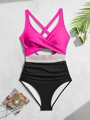 Image of B2prity Women's One Piece Swimsuit Tummy Control High Waisted Bathing Suit | Color Block,Removable Soft Cups,Cutout,V neck,Full Coverage,Adjustable Criss Cross Straps,Tie Back