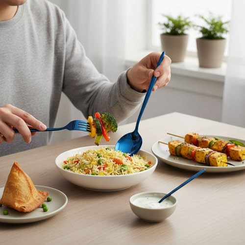 Image of Slim Handle Blue 30 Pcs Stainless Steel Cutlery Set for Dining Table, Dishwasher Safe Glossy Flatware (6 Spoon Set+6 Forks Set+6 Butter Knife+6 Dessert Spoon+ 6 Fruit Fork)