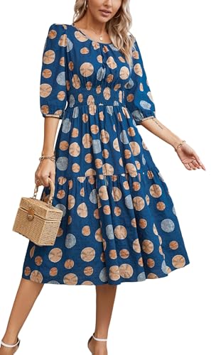 Image of Kormei Women Casual Boho Floral Round Neck 3 /4 Sleeve Smocked Waist Tiered A Line Flowy Swing Midi Dress Long Dresses L Blue Floral#3