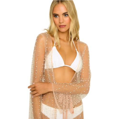Women's Sexy Pearl Rhinestone Sheer Mesh Beach Cover Up Long Sleeve Kimono Cardigan Tie Front Blouse3