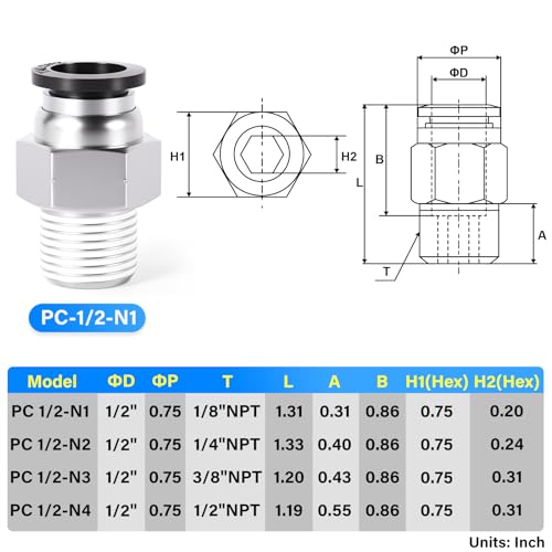 Image of TAILONZ 1 /2 inch Tube OD x 1 /8 inch NPT Male Straight Push to Connect Fitting 5pcs | Copper&Plastic,for PU /PA /PE /PVC Tubes,Pneumatic Systems,Air Lines,Factories,Workshops,Industrial,Automation,Repair,Machinery