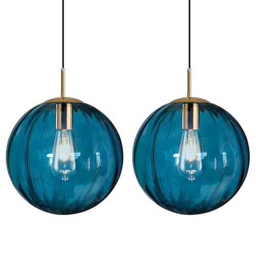 Modern Blue Glass Pendant Light, Kitchen Island Lighting 2-Pack Globe