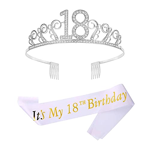 Couronne Anniversaire 18 Ans,Couronnes Princessede anniversaire et Diadèmes Girl Sash, Diadème 18 ans Tiara avec Peigne Couronne d'anniversaire Numérique de Cristal Strass Couronne Ceinture (Mot d'or Cover