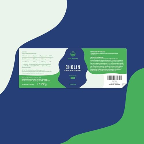 Cholin Kapseln - Hochdosiert: 1125mg - 270 Kapseln - Cholin Bitartrat - *Leberkur, Homocystein & Fettstoffwechsel (EFSA) - Vegan, Deutsche Produktion - TRUE NATURE®