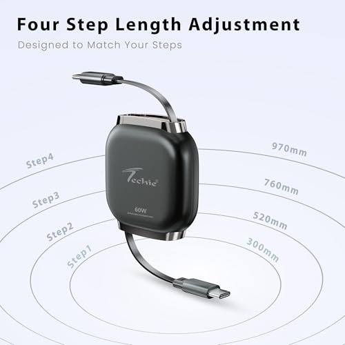 Image of Techie Type-C to Type-C Retractable Cable Black 60W USB-PD Fast Charging 1m Flat TPE Copper Cable for Smartphones, Tablets & Laptops