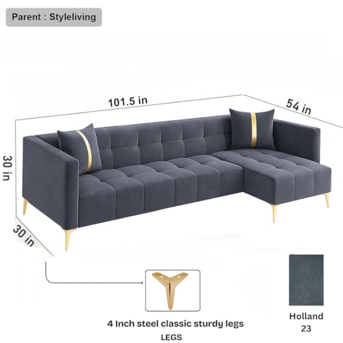 Image of FURNY Styliving 6 Seater Fabric RHS L Shape Sofa Set (Dark Grey) with Golden Finish Legs | Durable & Comfortable | Ideal for Living Room