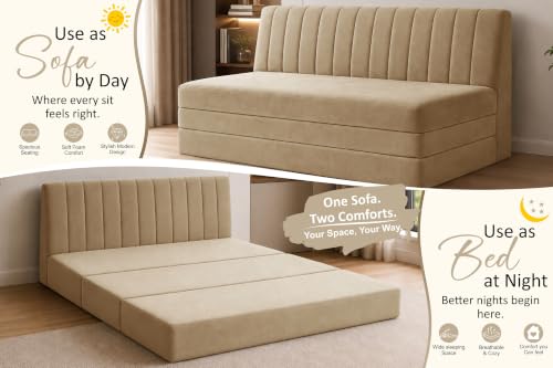 Image of 3-Seater Velvet Sofa Cum Bed | Convertible Sleeper Sofa | Modern Foldable Couch for Living Room, Bedroom & Office | Golden