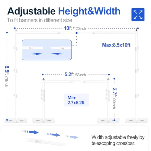 Image of Emart Heavy Duty Backdrop Stand 8.5x10ft(HxW) Adjustable Background Support System Kit with Steel Base for Photography, Photo Backdrop Stand for Parties Birthday Video Studio - White