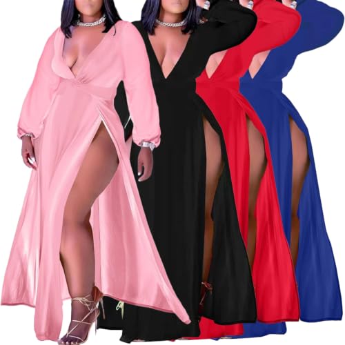 Image of Women's Plus Size Maxi Wrap Dress Sleeveless Deep V Neck Split Dress | Elegant front slit,formal evening, party,club,side split,sleeveless maxi dress
