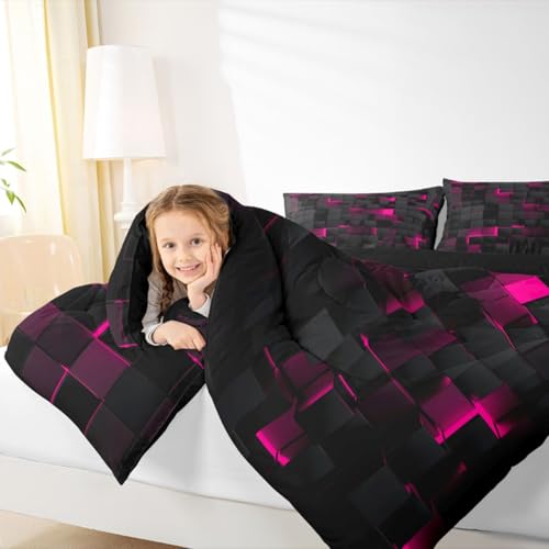 Image of Erosebridal Black Hot Pink Comforter Set Full Neon Geometric Checkered Bedding Set for Girls Teen Women Abstract Stereoscopic Grids Quilt Square Plaid Bed Set 3 Pcs Gamer Room Decor