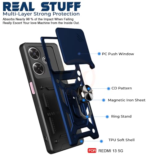 Image of Armor Bumper Back Cover Case for Redmi 13 5G / Poco M6 Plus 5G Rotating Camera Cover, Ring Holder & Kickstand | Heavy Duty & 360 Degree Protection Back Cover (Blue)