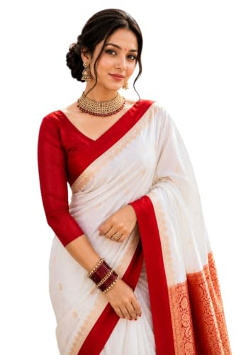 Image of Women's Glory Banarasi Satin Silk Saree Plain Silver Zari | Unstiched Blouse Piece Included.