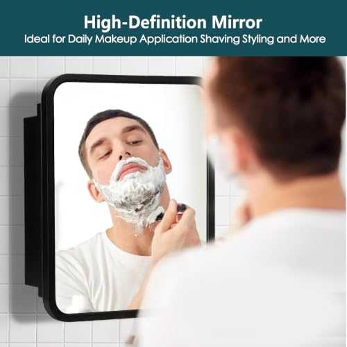 Image of Movo Black Metal Framed Bathroom Mirror Medicine Cabinet,14 Inch x 18 Inch Recessed Wall Mounted Medicine Cabinet with Mirror,Aluminum Storage Cabinet for Bathroom Vanity