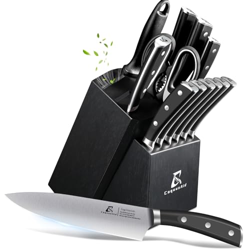 CoquusAid 15-Piece Kitchen Knife Block Set with Sharpener and 6 Serrated Steak Knives, Black