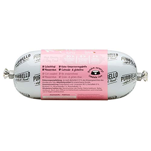 PURBELLO Hunde-Rolle Pute mit Brokkoli & Kartoffeln - Monoprotein Hundefutter mit hohem Fleischanteil - Nassfutter für Hunde - Hundewurst schnittfest & getreidefrei - 8 x 200 g